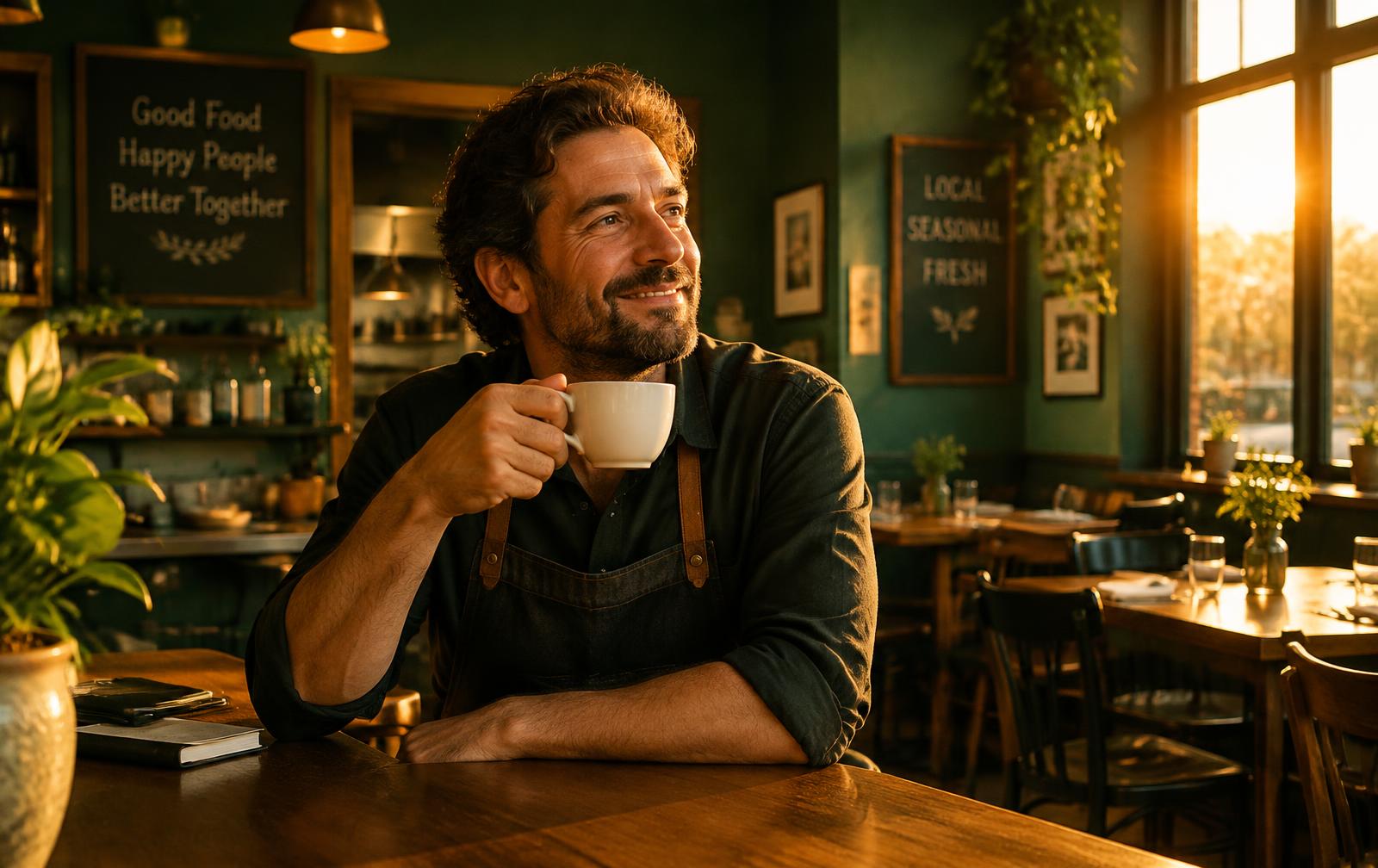 Relieved business owner in his restaurant